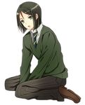  androgynous bad_id bad_pixiv_id bangs black_hair bob_cut fate/zero fate_(series) green_eyes kneeling male_focus parted_bangs shoko_makiko simple_background solo waver_velvet white_background 