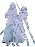  breasts dress dual_wielding fate/zero fate_(series) genderswap genderswap_(mtf) gloves holding impossible_clothes impossible_shirt kayneth_el-melloi_archibald lancer_(fate/zero) large_breasts leaning_forward long_hair monochrome multiple_girls polearm shirt spear tori_(driftwood) weapon 