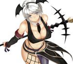  arms_behind_back bare_shoulders between_breasts breasts cleavage fantasy_earth_zero grey_eyes head_wings large_breasts navel necktie scythe short_hair simple_background solo toshi_makoto white_hair 