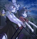  animal_ears basket beret blue_eyes blue_hair capelet dowsing_rod graveyard grey_hair hat highres jiangshi miyako_yoshika mouse mouse_ears mouse_tail multiple_girls nazrin ofuda outstretched_arms red_eyes shirt shope skirt sotoba tail tongue tongue_out touhou zombie_pose 