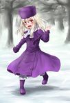  boots coat fate/stay_night fate_(series) hat highres illyasviel_von_einzbern long_hair meganoma_katukatu purple_footwear purple_hat red_eyes silver_hair snow solo white_hair 