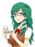  alternate_costume bespectacled face glasses go-m green_eyes green_hair hair_ornament hands kochiya_sanae long_hair note_cards open_mouth school_uniform sketch snake solo sweater_vest touhou vest 