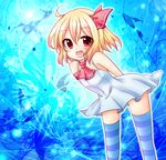  alternate_costume bare_shoulders blonde_hair chiya fang hair_ribbon red_eyes ribbon rumia solo striped striped_legwear thighhighs touhou 