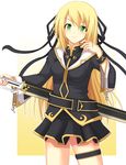  adjusting_hair blonde_hair blush green_eyes hair_ribbon long_hair looking_at_viewer minatsuki_nao original ribbon scabbard sheath skirt solo sword thigh_strap weapon 