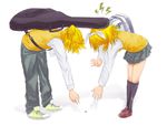  1girl accident bad_id bad_pixiv_id bag blonde_hair bow brother_and_sister coin guitar_case hair_bow highres instrument_case kagamine_len kagamine_rin outstretched_arm pleated_skirt reaching siblings simple_background skirt sweater_vest sweeter_(h110111) twins vocaloid 
