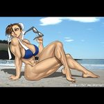  abs barefoot beach bikini bikini_top bottomless breasts bun_cover chun-li cloud crossed_legs day feet felsus hair_bun highres huge_breasts legs letterboxed long_legs muscle ocean outdoors sitting sky solo street_fighter sunglasses swimsuit thick_thighs thighs toes 