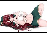  blue_eyes breasts groin hat hong_meiling kinou_no_shika large_breasts long_hair lying midriff navel on_side pointy_ears red_hair shirt skirt solo taut_clothes taut_shirt touhou 