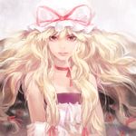  adapted_costume bare_shoulders blonde_hair bow choker eyelashes face floating_hair gap gloves hair_bow hair_ribbon highres holding_arm lips lipstick long_hair looking_at_viewer makeup matsuda_(matsukichi) purple_eyes realistic ribbon ribbon_choker smile solo touhou upper_body white_gloves yakumo_yukari 