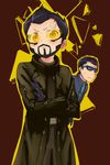  :&lt; adam_jensen beard blue_eyes blush brown_hair can't_be_this_cute coat commentary_request crossed_arms cyberpunk cyborg deus_ex deus_ex:_human_revolution facial_hair glasses gloves goatee jc_denton multiple_boys science_fiction short_hair sunglasses trench_coat triple-q yellow_eyes 