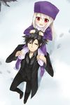  1girl bad_id bad_pixiv_id black_hair boots carrying coat emiya_kiritsugu facial_hair fate/zero fate_(series) father_and_daughter footprints hat heirou highres illyasviel_von_einzbern long_coat long_hair purple_footwear purple_hat red_eyes shoulder_carry silver_hair snow snowing stubble tree white_hair 