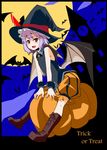  bat bat_wings breasts halloween hat highres moon pumpkin_pants red_eyes remilia_scarlet ryoutya silhouette sleeveless small_breasts solo touhou trick_or_treat wings witch_hat 