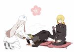  ahoge artoria_pendragon_(all) black_hair blonde_hair boots emiya_kiritsugu fate/zero fate_(series) formal irisviel_von_einzbern jitome long_hair morinaga777 multiple_girls necktie pant_suit pantyhose ponytail red_eyes reverse_trap saber seiza sitting suit sweatdrop tea thigh_boots thighhighs white_hair 