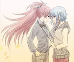  blue_hair blush bow bowtie commentary_request face-to-face hand_on_another's_cheek hand_on_another's_face hood hoodie long_hair mahou_shoujo_madoka_magica miki_sayaka misu_kasumi multiple_girls red_hair sakura_kyouko short_hair sketch suspenders yuri 