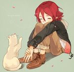  bad_id bad_pixiv_id cat closed_eyes hood hoodie inazuma_eleven inazuma_eleven_(series) kiyama_hiroto male_focus petals red_hair shirakino shoes sitting smile solo 