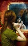  adjusting_hair black_hair blood brown_hair clara_v different_reflection from_behind highres horror_(theme) mirror multiple_girls original photorealistic reflection tears 