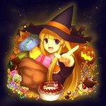  :d bad_id bad_pixiv_id black_eyes blonde_hair cake candy cross food gift hat jack-o'-lantern lollipop long_hair madou_monogatari open_mouth pointing pumpkin puyopuyo smile solo swirl_lollipop witch witch_(puyopuyo) witch_hat yomogi_komegura 