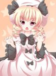  :&lt; bad_id bad_pixiv_id blonde_hair chestnut_mouth drill_hair hat highres kuromari_(runia) luna_child open_mouth red_eyes solo touhou 