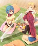  blonde_hair blue_eyes blue_hair blush bowl closed_eyes drill_hair food jing_hu mahou_shoujo_madoka_magica midriff miki_sayaka multiple_girls obentou omurice pillow plate ponytail red_hair sakura_kyouko school_uniform shirt shorts sitting skirt smile smirk sparkle spoon table tomoe_mami twin_drills twintails 