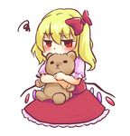  :&lt; biting blonde_hair blush chibi doll_hug flandre_scarlet hair_ribbon head_biting hug hug_from_behind no_hat no_headwear red_eyes ribbon shirt side_ponytail sitting skirt skirt_set solo squiggle stuffed_animal stuffed_toy tamaki_hakobe tears teddy_bear touhou wings 