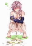  breasts colored_pubic_hair electricsheep final_fantasy final_fantasy_xiii fingerless_gloves gloves highres lightning_farron nipples peeing pink_hair pubic_hair puddle shibire_hitsuji squatting sweat 