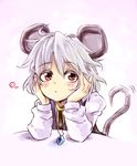 animal_ears blush bored capelet chin_rest dress face gem grey_dress grey_hair hands hands_on_own_cheeks hands_on_own_face harusame_(unmei_no_ikasumi) jewelry mouse_ears mouse_tail nazrin necklace pendant red_eyes shirt short_hair solo tail touhou 