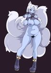  animal_ears blue_skin breasts inverted_nipples kumacchi large_breasts mismatched_pubic_hair monster_girl multiple_tails navel nipples nude plump pubic_hair red_eyes scyllei shinrabanshou solo tail white_hair 