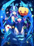  2010 blue_eyes blue_hair blue_leotard bodysuit breasts candy checkerboard_cookie chun2_(naganaga-akuma) cleavage cookie dated elbow_gloves fingerless_gloves food gloves hair_ornament highleg highleg_leotard horns jack-o'-lantern leotard lollipop long_hair medium_breasts original pumpkin solo thighhighs trick_or_treat wings 