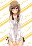  bad_id bad_pixiv_id bangs blush body_blush bow brown_eyes brown_hair chiro collarbone glasses gradient_eyes hair_bow long_hair looking_at_viewer multicolored multicolored_eyes no_pants off_shoulder original panties ponytail pullover red-framed_eyewear semi-rimless_eyewear shiny shiny_skin shirt_tug side-tie_panties solo sweater swimsuit swimsuit_under_clothes tank_top under-rim_eyewear underwear yellow_eyes 