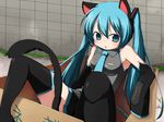  animal_ears aqua_eyes aqua_hair box cardboard_box cat_ears cat_tail detached_sleeves hatsune_miku kemonomimi_mode long_hair n39 necktie skirt solo tail thighhighs twintails vocaloid 