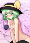  argyle argyle_background bakko black_legwear blush green_eyes green_hair hat heart heart_of_string komeiji_koishi nipples nude thighhighs third_eye touhou 