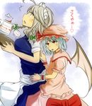  2girls ahoge bad_id bad_pixiv_id bat_wings blue_hair bow braid cup hat heart izayoi_sakuya kuro_monaka maid_headdress multiple_girls open_mouth red_eyes remilia_scarlet ribbon short_hair silver_hair skirt skirt_set spoken_heart teacup teapot touhou tray wings wrist_cuffs 