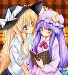  bad_id bad_pixiv_id blonde_hair blue_eyes book bow breasts cleavage crescent green_eyes harino646 hat kirisame_marisa long_hair multiple_girls open_clothes open_shirt patchouli_knowledge purple_hair shirt small_breasts touhou witch_hat yuri 