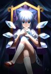  blue_eyes blue_hair cirno crossed_legs frog frozen frozen_frog highres ice light looking_at_viewer otaku_(artist) short_hair sitting smile solo throne touhou wings 