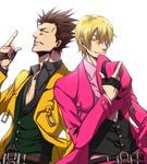  alternate_color belt blazblue blonde_hair brown_hair formal hat hazama male_focus middle_finger multiple_boys one_eye_closed player_2 smile spiked_hair suit toiichi_(isakai) white_background yellow_eyes yuuki_terumi 