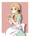  apron blonde_hair blue_eyes dress hair_ribbon k-on! kotobuki_tsumugi long_hair polishing ribbon sitting solo sparkle spoon watanore 