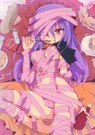  ;) antenna_hair bandages breasts candy cape copyright_request covered_nipples food halloween highres homura_subaru long_hair lying medium_breasts naked_ribbon navel on_back one_eye_closed pocky purple_hair red_eyes ribbon smile solo trick_or_treat 