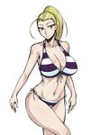  ahoge bikini black_beat blonde_hair breasts cleavage collarbone front-tie_top green_eyes hasunuma_riko huge_breasts long_hair navel ponytail side-tie_bikini striped striped_bikini striped_swimsuit swimsuit terao 