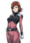  belt black_beat brown_hair gloves green_eyes gundam gundam_age hand_on_hip headset military military_uniform millais_alloy short_hair simple_background smile solo uniform white_gloves 