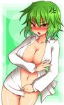  anger_vein blush bottomless breasts cleavage covering covering_crotch green_hair highres huge_breasts kazami_yuuka midriff naked_shirt navel nipples no_bra open_clothes open_mouth open_shirt red_eyes roki_(hirokix) shirt solo touhou tsurime 