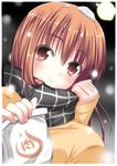  aosi_(wasabiranzy) bag blush breasts brown_eyes brown_hair full_moon long_hair long_sleeves medium_breasts moon original scarf shirt sleeves_past_wrists smile snow snowing solo 