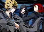  1girl 2boys axel_(kingdom_hearts) bad_id bad_pixiv_id black_coat_(kingdom_hearts) black_hair blonde_hair blue_eyes cloak facial_mark green_eyes kingdom_hearts kingdom_hearts_358/2_days multiple_boys red_hair roxas short_hair xion_(kingdom_hearts) 