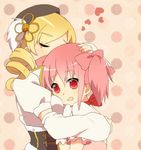  blonde_hair closed_eyes heart hug kaname_madoka magical_girl mahou_shoujo_madoka_magica multiple_girls pink_eyes pink_hair red_eyes sakuragi_mochi tomoe_mami yuri 