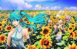  3girls aqua_eyes aqua_hair bad_id bad_pixiv_id blonde_hair bow cloud day detached_sleeves falling field flower flower_field hair_bow hair_ornament hair_ribbon hairclip hand_on_own_chest hands_on_own_chest hatsune_miku headphones highres kagamine_len kagamine_rin megurine_luka multiple_girls nail_polish necktie open_mouth petals photo_background pink_hair ribbon sky sunflower sweeter_(h110111) thumbs_up twintails vocaloid 