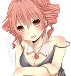  bad_id bad_pixiv_id breasts cleavage drill_hair fang heart heart-shaped_pupils kasane_teto medium_breasts open_mouth pink_hair red_eyes short_hair short_twintails solo symbol-shaped_pupils translation_request twin_drills twintails utau yamasuta 