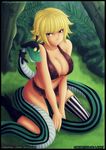  1girl amazon amazon_lily asymmetrical_clothes blonde_hair boots breasts brown_eyes cleavage collaboration highres kneeling loincloth marguerite one_piece snake striped striped_legwear thighhighs vertical_stripes 
