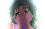  gasai_yuno green_eyes green_hair hands_on_own_cheeks hands_on_own_face higurashi_no_naku_koro_ni parody solo sonozaki_shion yandere yandere_trance 