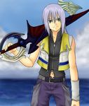  green_eyes keyblade kingdom_hearts long_hair male_focus midriff over_shoulder parody riku shuu_(blow_wind) silver_hair solo style_parody sword sword_over_shoulder tales_of_(series) tales_of_vesperia weapon weapon_over_shoulder wristband 