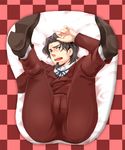  ass bad_id bad_pixiv_id beard black_hair blush checkered checkered_background crotch_mousepad facial_hair fate/zero fate_(series) formal full_body goatee hachi_(gaoo) highres legs_up lying male_focus mousepad on_back open_mouth ribbon solo spread_legs suit sweat toosaka_tokiomi 