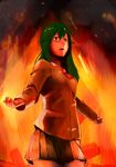  alternate_costume burning conabe fire green_hair horror_(expression) kochiya_sanae long_hair miniskirt school_uniform skirt solo surprised touhou uniform 