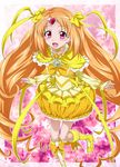  boots bow brooch bubble_skirt choker circlet cure_muse_(yellow) eyelashes frills full_body gathers hair_ribbon heart jewelry knee_boots long_hair magical_girl nakahira_guy orange_hair orange_skirt precure purple_background red_eyes ribbon shirabe_ako skirt smile solo standing standing_on_one_leg star starry_background suite_precure yellow_bow yellow_choker 